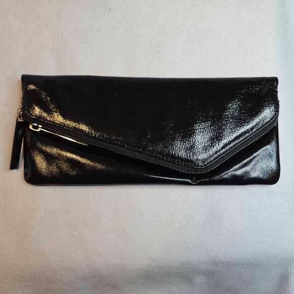 VTG Hobo‎ International Black Patent Leather Foldover Heavy Duty Zip Clutch - Picture 1 of 11